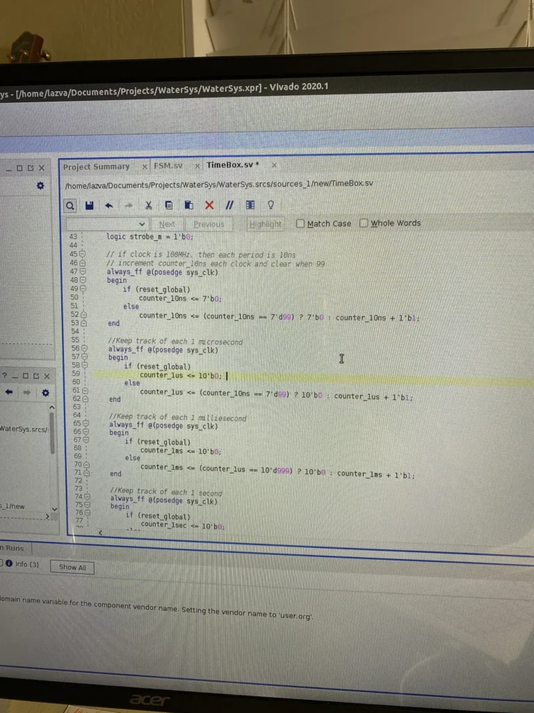 Vivado editor displaying Verilog code for a TimeBox module with multi-scale counters on an Acer monitor.
