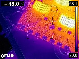 Thermal image of a glowing orange-and-purple circuit board with max temperature of 48°C.