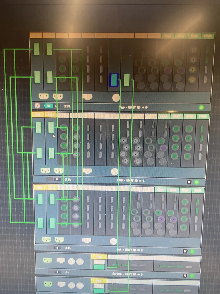 Screenshot of digital mixing console interface with green routing overlays highlighting multiple units and channels.