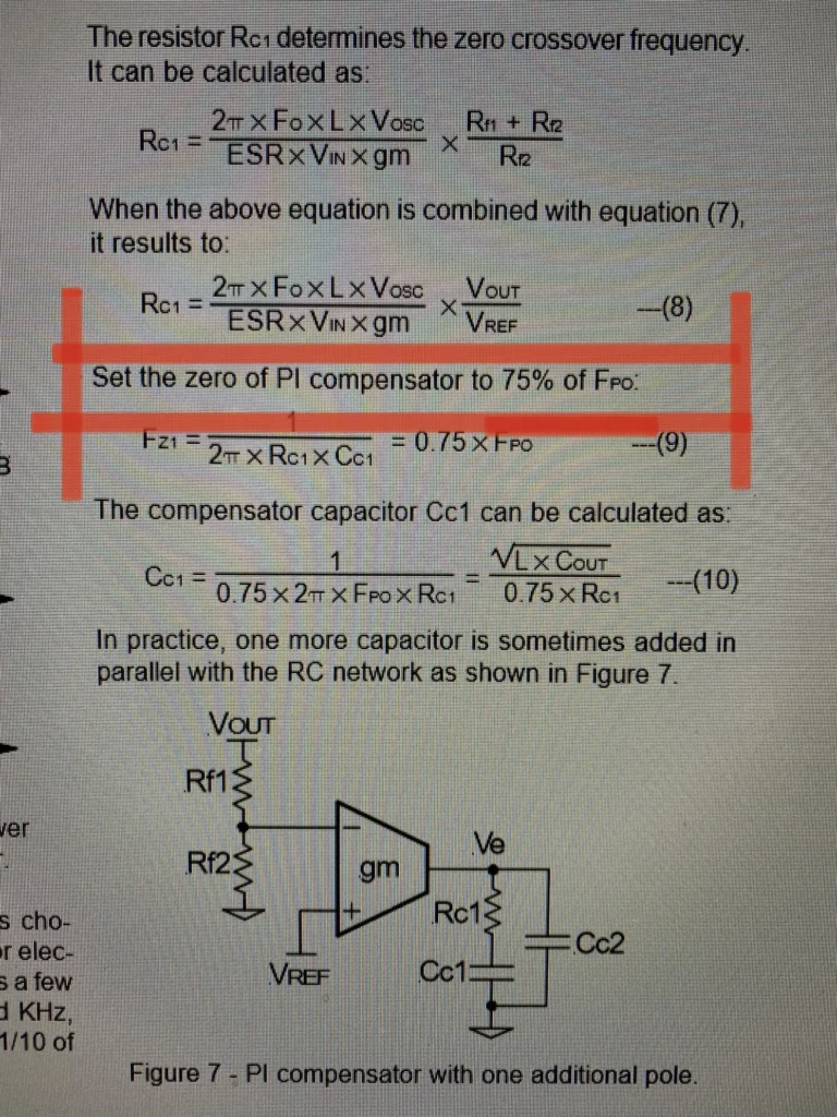 Schematic of PI compensator circuit with one additional pole and component equations.