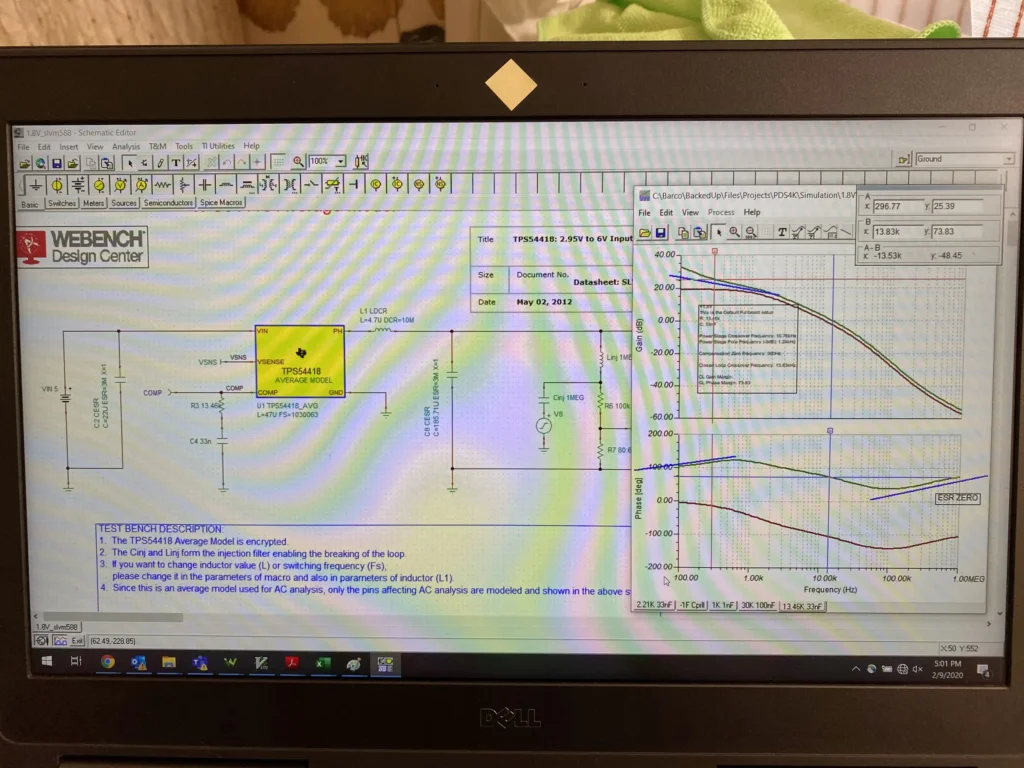 WebBench schematic editor displaying TPS54418 average model circuit and AC analysis frequency response graphs on a Dell laptop screen.