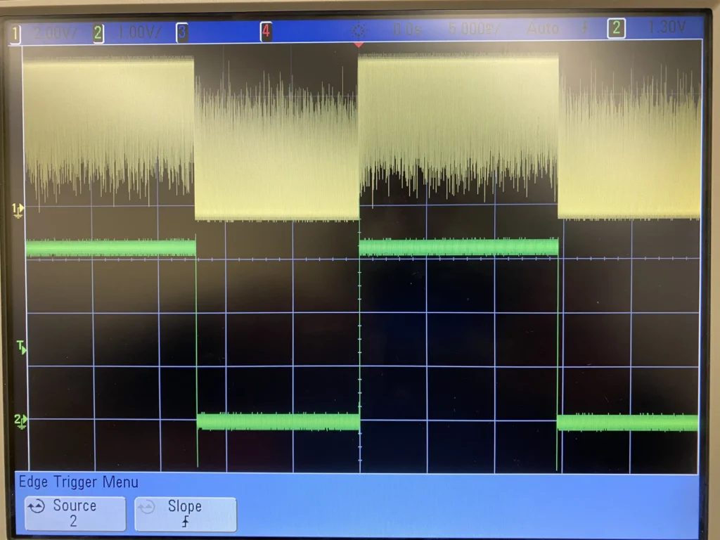 Oscilloscope screen displaying four yellow waveform traces with green trigger level indicators and slope menu.