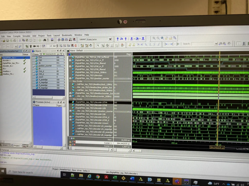 ModelSim simulation window displaying digital filter waveforms and object lists on a laptop screen.