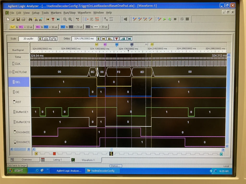 Agilent logic analyzer screen displaying CLK, SEL, OE, RST, Buffer0/1/19, and Encoder[0/1] waveforms with VADIM decoder config.