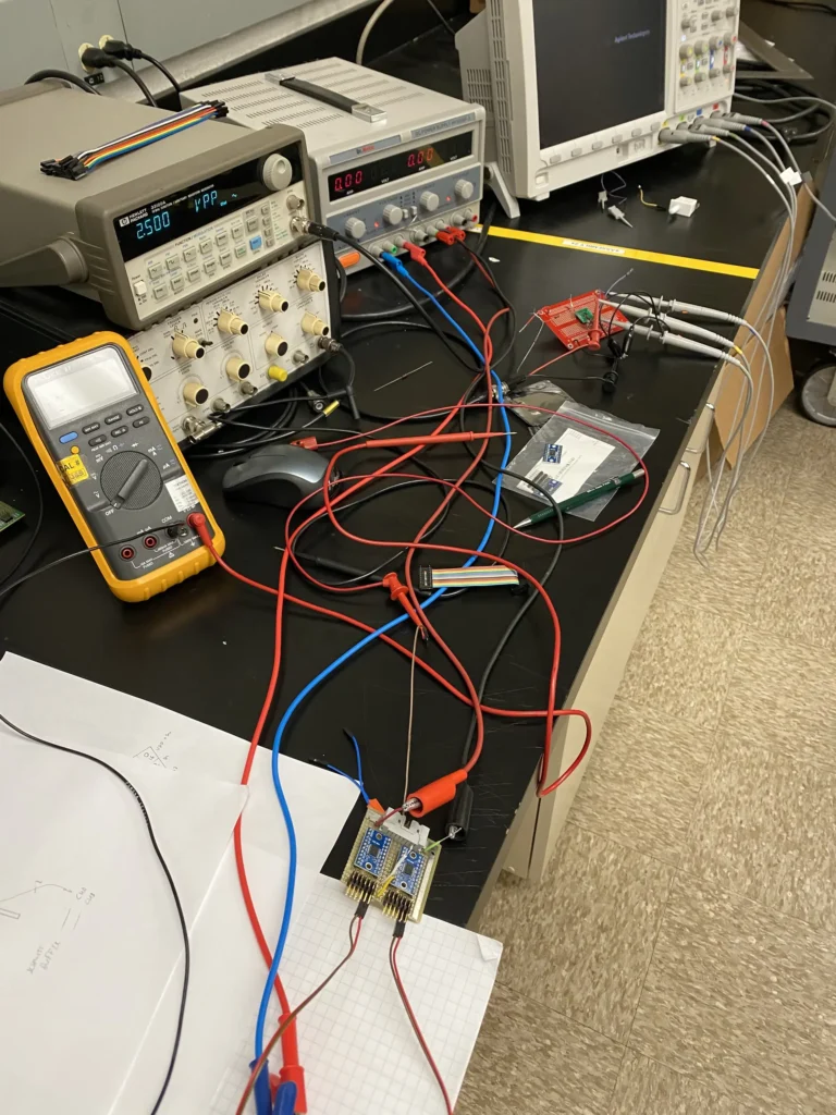 Electronics workbench with oscilloscopes, multimeters, power supplies, tangled wires, and circuit boards.