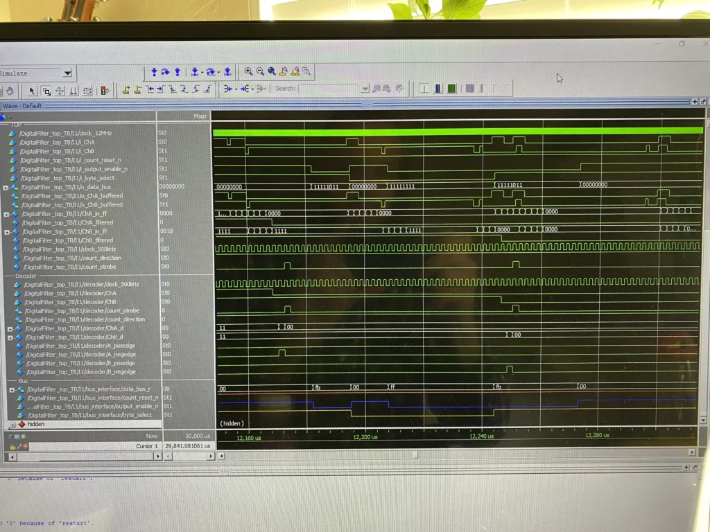 Digital filter simulation software displaying multiple TB11 signal waveforms and debugging data on an oscilloscope-like interface.