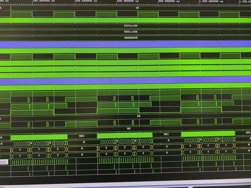 Multi-channel oscilloscope waveform display with green and purple traces over microseconds timebase.