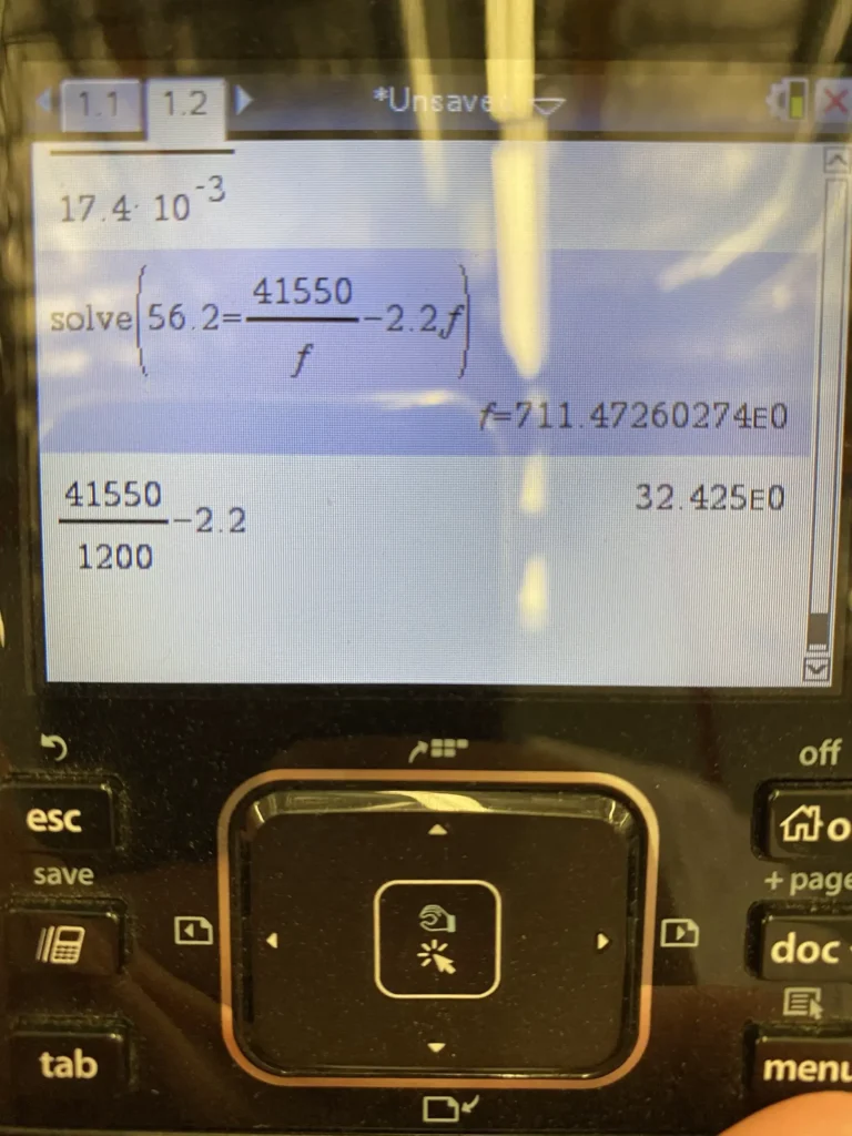 Calculator displaying math equation solve(56.2 = 41550/f - 2.2) with result 32.425e0.