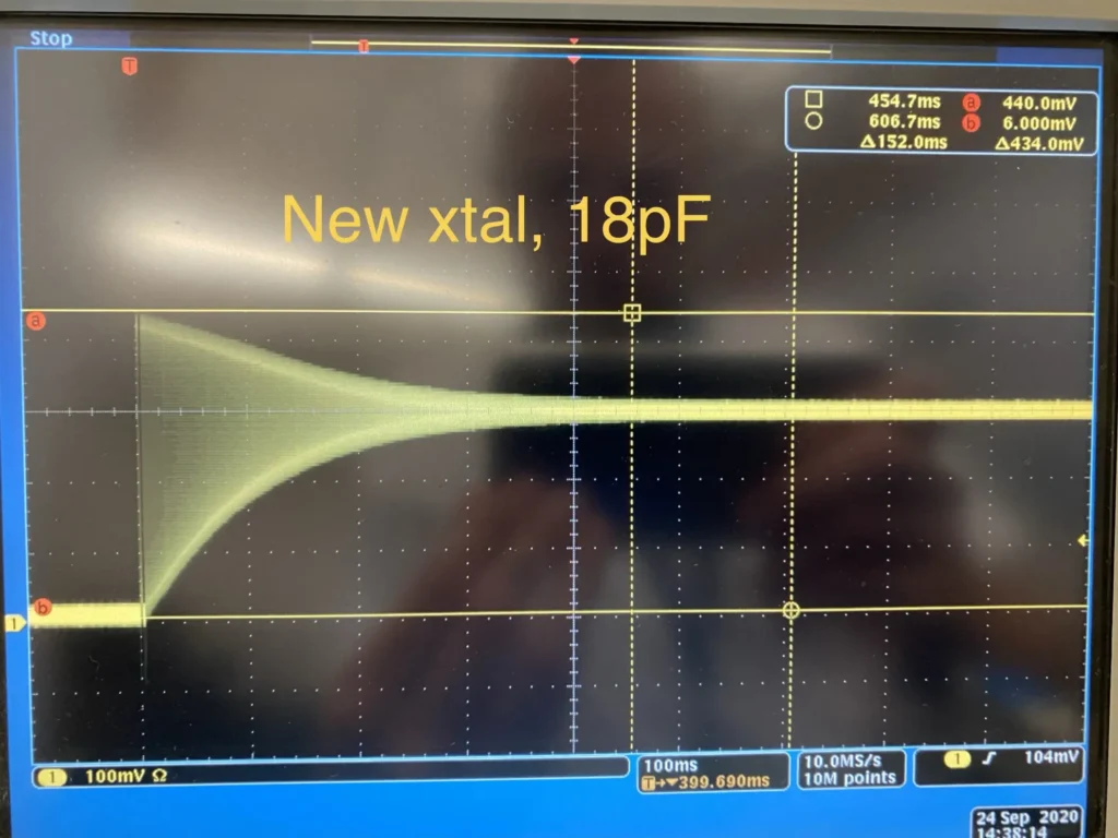 Oscilloscope screen displaying green trace of "New xtal, 18pF" with voltage/time measurements.