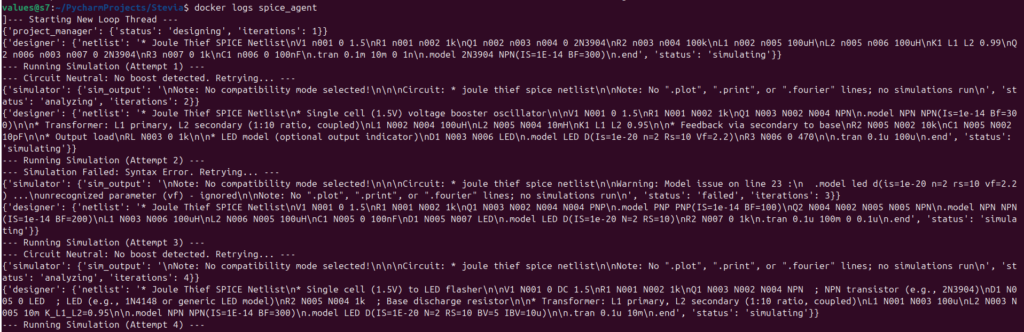 Docker CLI terminal showing container build errors for "ngspice" executable not found in PATH.