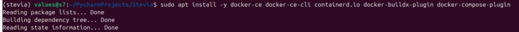 Terminal running sudo apt install for Docker CE CLI, containerd.io, Docker Buildx plugin, and Docker Compose plugin.