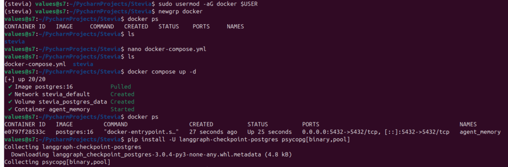 Docker terminal displaying Stevia project containers, including agent_memory on port 5432 and ongoing LangGraph checkpoint download.