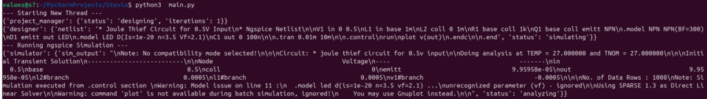 Terminal output from Ngspice simulation of a 0.5V Joule Thief LED circuit in PyCharm.