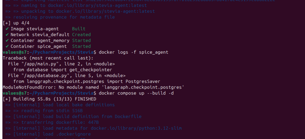 Docker terminal log showing successful build and start of Stevia agent container.